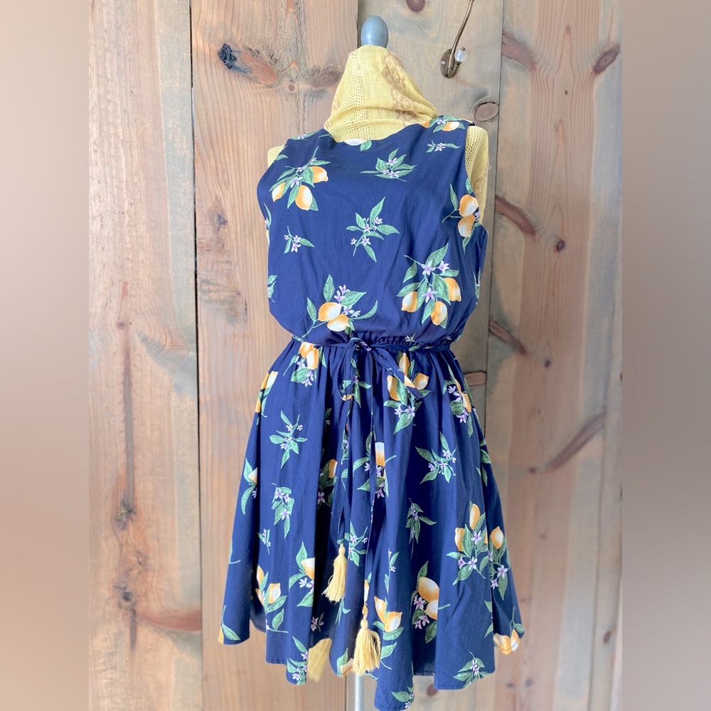 Navy lemon halter dress with button back and tassel belt size medium Super cute!